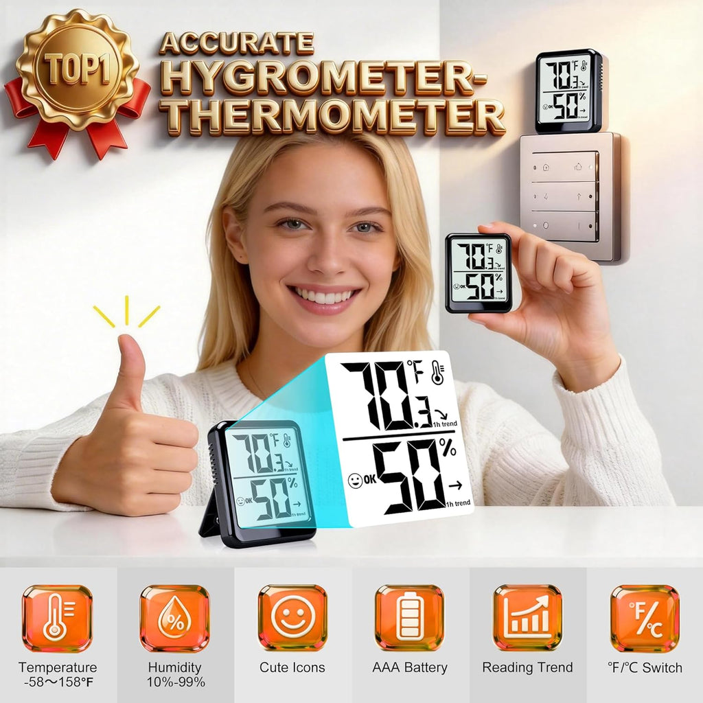 Skiennix Digital Room Thermometer & Hygrometer | Accurate Temperature & Humidity Monitor for Home, Office, Pets & Plants - AAA Battery Included
