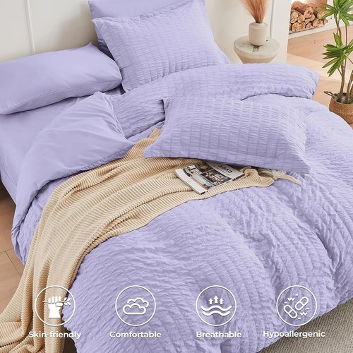 HYMOKEGE Comforter Set - Light Purple Seersucker 7-Piece Luxury Bedding | All-Season Bed in a Bag