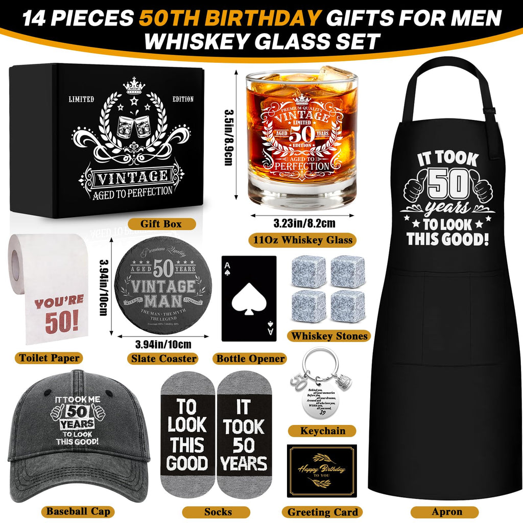 NVTROVI 50th Birthday Gifts for Men Whiskey Glass Set, 50th Birthday Party Supplies with 11 Oz Whiskey Glass Coaster Stone Baseball Cap Apron Sock Toilet Paper Keychain for Him, Dad, Husband, Friends