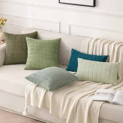 MIULEE Decorative Throw Pillow Covers - Soft Boho Striped Corduroy | 18x18 Inch Sage Green, Pack of 2