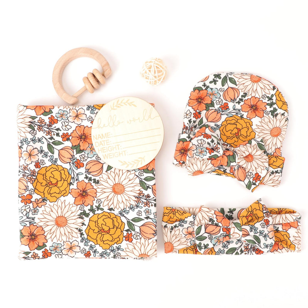 DRESHOW BQUBO Baby Girl Newborn Floral Receiving Blankets with Bow Hat Headband Wooden Birth Announcement Card Set Newborn Baby Swaddling Hats Swaddle Blanket Toddler Warm Shower Gift