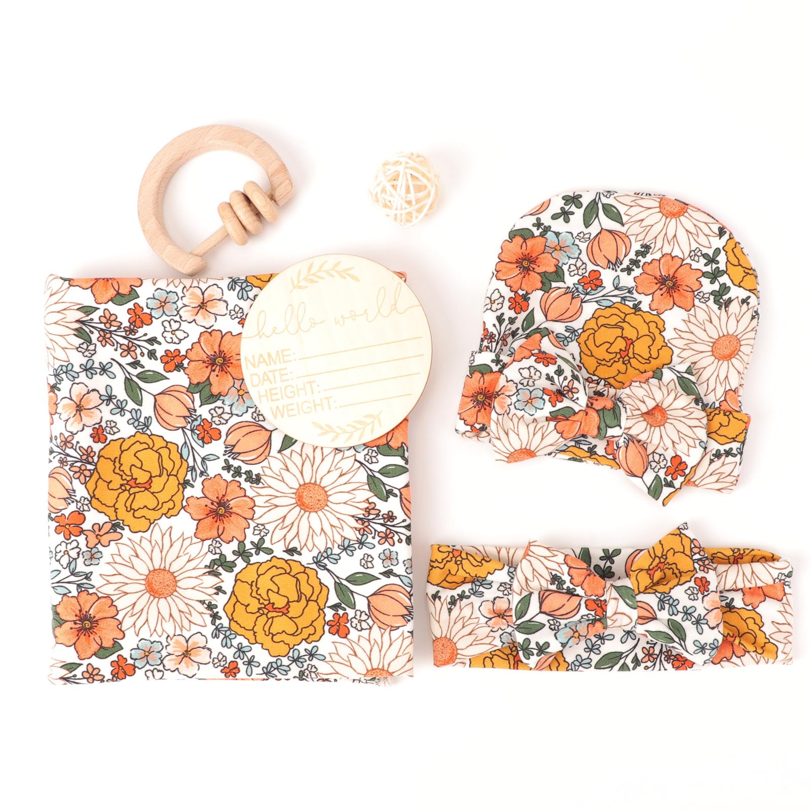 DRESHOW BQUBO Baby Girl Newborn Floral Receiving Blankets with Bow Hat Headband Wooden Birth Announcement Card Set Newborn Baby Swaddling Hats Swaddle Blanket Toddler Warm Shower Gift