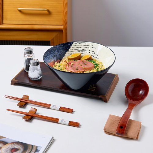 BICETTO Japanese Ramen Bowl Set with Red Fuji Design - 60oz Large Ceramic Bowls, Spoons, Chopsticks for Ramen, Pho, Salad, Poke - Premium Gift for Ramen Lovers - Microwave & Dishwasher Safe