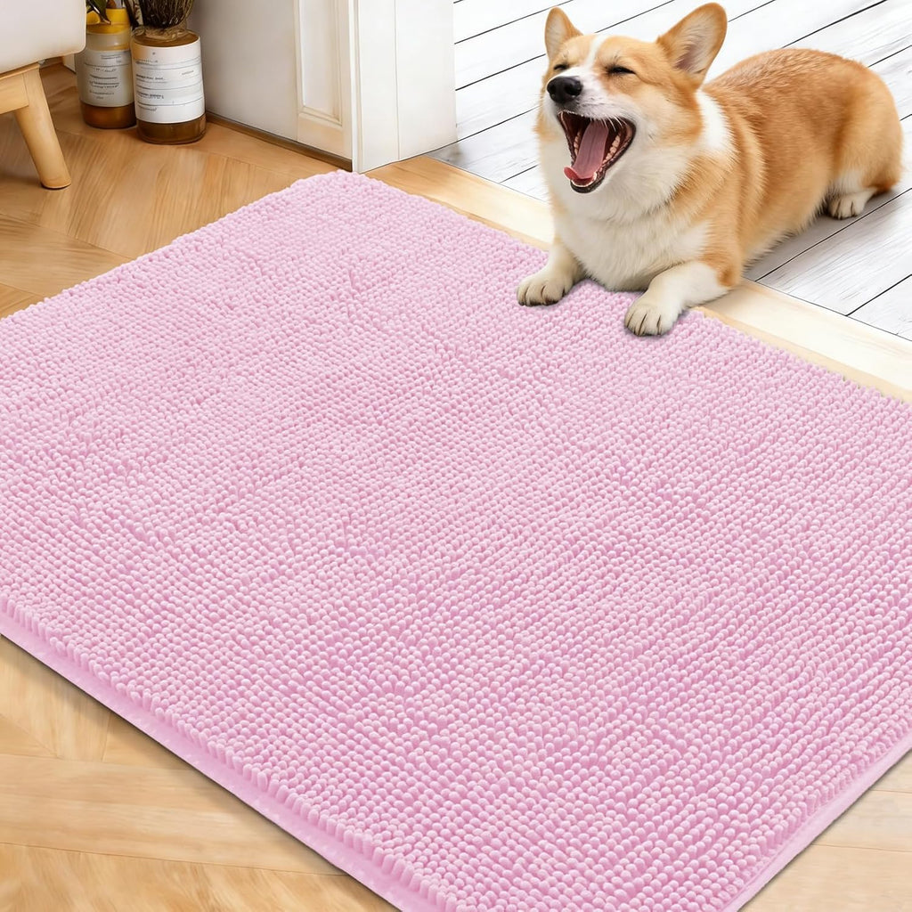 OLANLY Dog Door Mat - Absorbent Non-Slip Washable Doormat for Muddy Paws | 40x32 Pink Chenille Carpet