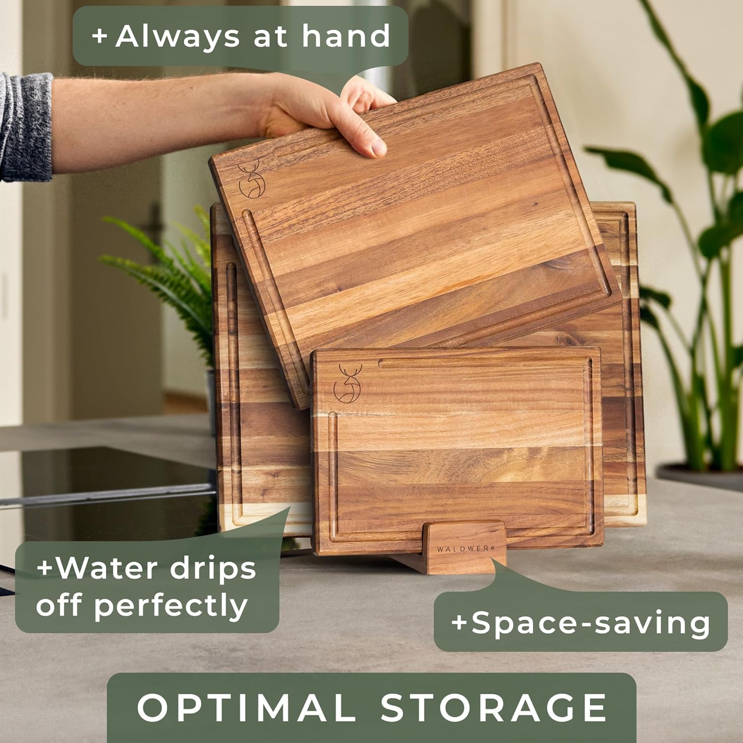 WALDWERK Acacia Wood Cutting Board Set - Durable 0.8" Thick Kitchen Boards | 15.75 x 12/13 x 9.5/10 x 7 in