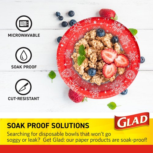 Glad Everyday Disposable Paper Bowls, Red Snowflake Holiday Design - Heavy Duty Soak-Proof Microwavable Paper Bowls - For Soups, Cereals, and Hot Foods, 12 Ounce, 20 Count