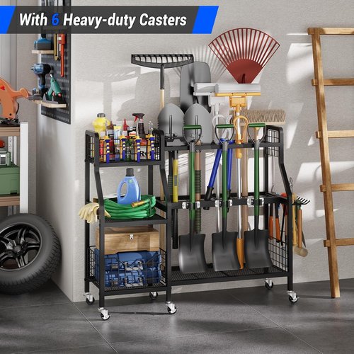 Keomaisyto Garden Tool Organizer - Heavy Duty Metal Storage with 6 Wheels & 2 Baskets | Perfect for Garage, Shed, or Yard