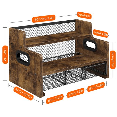 Homode Coffee Syrup Rack Organizer, 3-Tier 8 Bottles Syrup Holder Stand with 35 K Cup Storage Basket Drawer for Coffee Bar, Wood Liquor Shelf Wine Rack Countertop for Home, Rustic Brown
