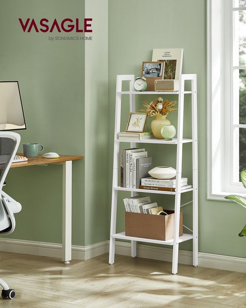 VASAGLE Ladder Shelf, 4-Tier Bookshelf, Storage Rack, Bookcase with Steel Frame, for Living Room, Home Office, Kitchen, Bedroom, Industrial Style, Maple White and Pearl White ULLS044W44