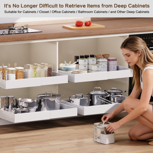 QUYUWU 2 Pack Pull out Cabinet Organizer,Extendable (12"-20") Heavy-Duty Pull-Out Drawers – Secured with Nano Adhesive Tape, Ideal for Cookware Storage, for Kitchen Base Cabinets (21" Dx12-20" W)