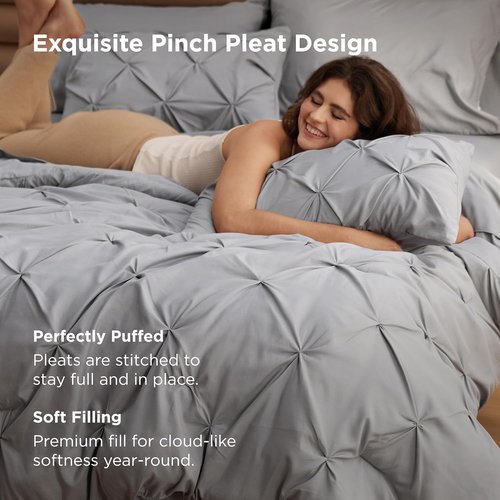 Bedsure Queen Comforter Set - 7-Piece Grey Pintuck Bedding | All-Season Comforter with Sheets & Pillowcases