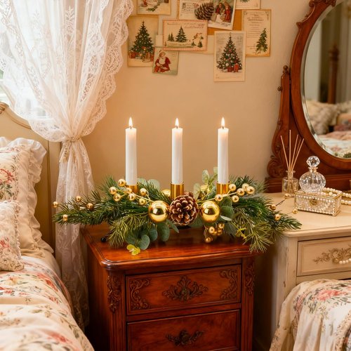 MrMrKura Christmas Tabletop Centerpiece - 3 Candle Holders with Pine Cones & Red Berries | Gold Decor