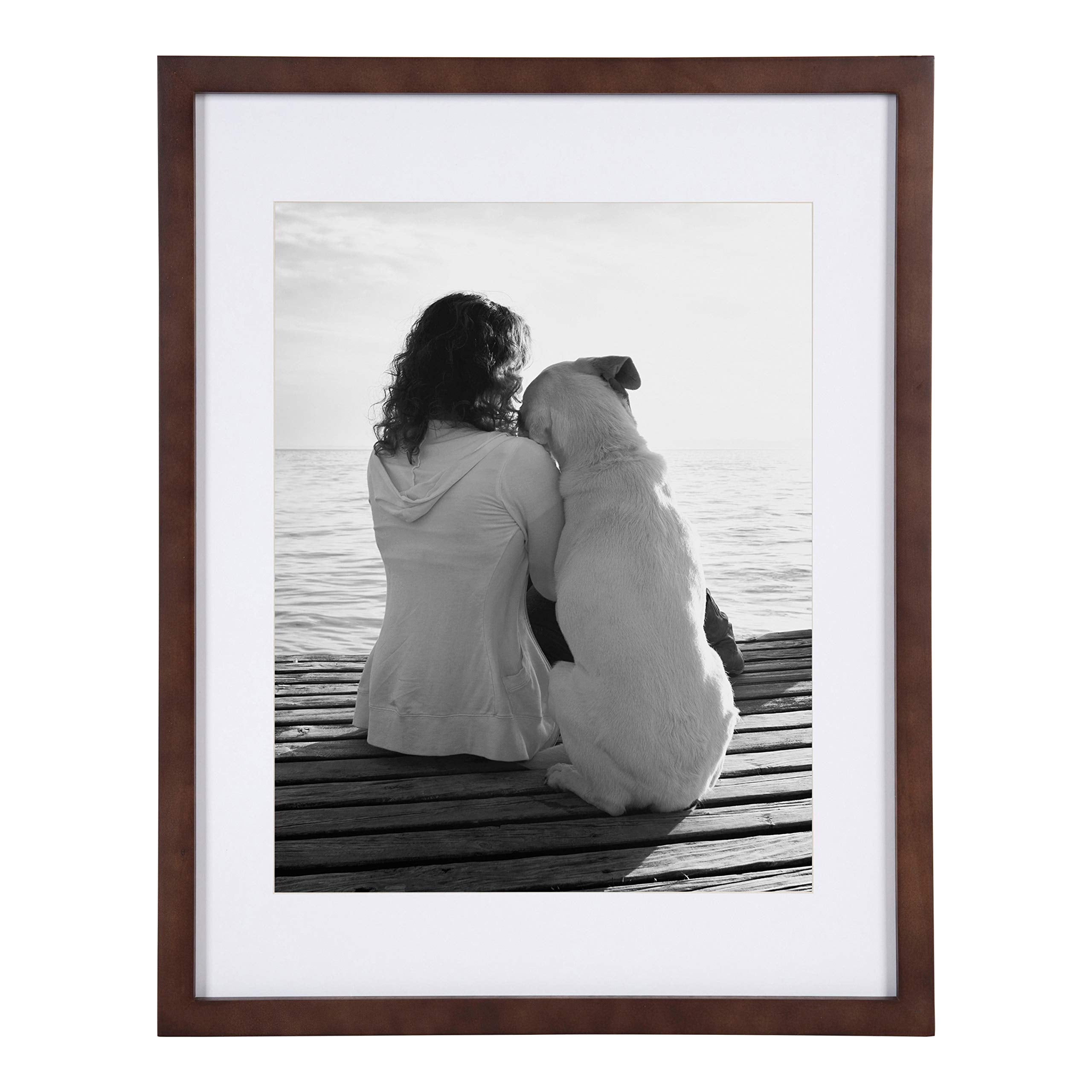 DesignOvation Gallery Wood Photo Frame Set for Customizable Wall Display, Walnut Brown 14x18 matted to 11x14, Pack of 2