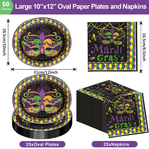 Dereinwo 50 Pcs Mardi Gras Party Large 12" x 10" Oval Paper Plates and Napkins Disposable Heavy Duty Paper Plates and Napkins for Mardi Gras Party Supplies