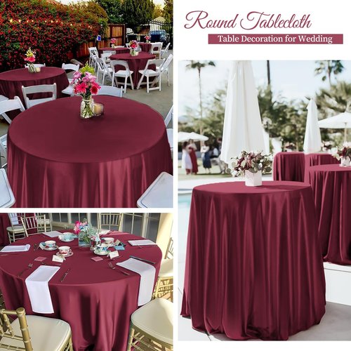 12 Pack 108 Inch Burgundy Satin Tablecloth - Silky Round Tablecloth Overlay Smooth Fabric Table Cover, Bright Table Decoration for Wedding Party Banquet Events Restaurant Kitchen Dining