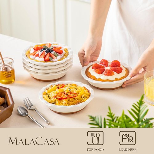 MALACASA Ceramic Mini Pie Pans - Set of 6 Ruffled Edge 6-Inch Baking Dishes | Microwave & Oven Safe, Khaki White