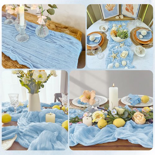 RealBox 6 Pack Baby Blue Cheesecloth Table Runner 17x108 Inch Semi Sheer Boho Gauze Cheese Cloth Fabric Table Runners, for Wedding Party Baby Shower Birthday Home Decor Garden Farmhouse