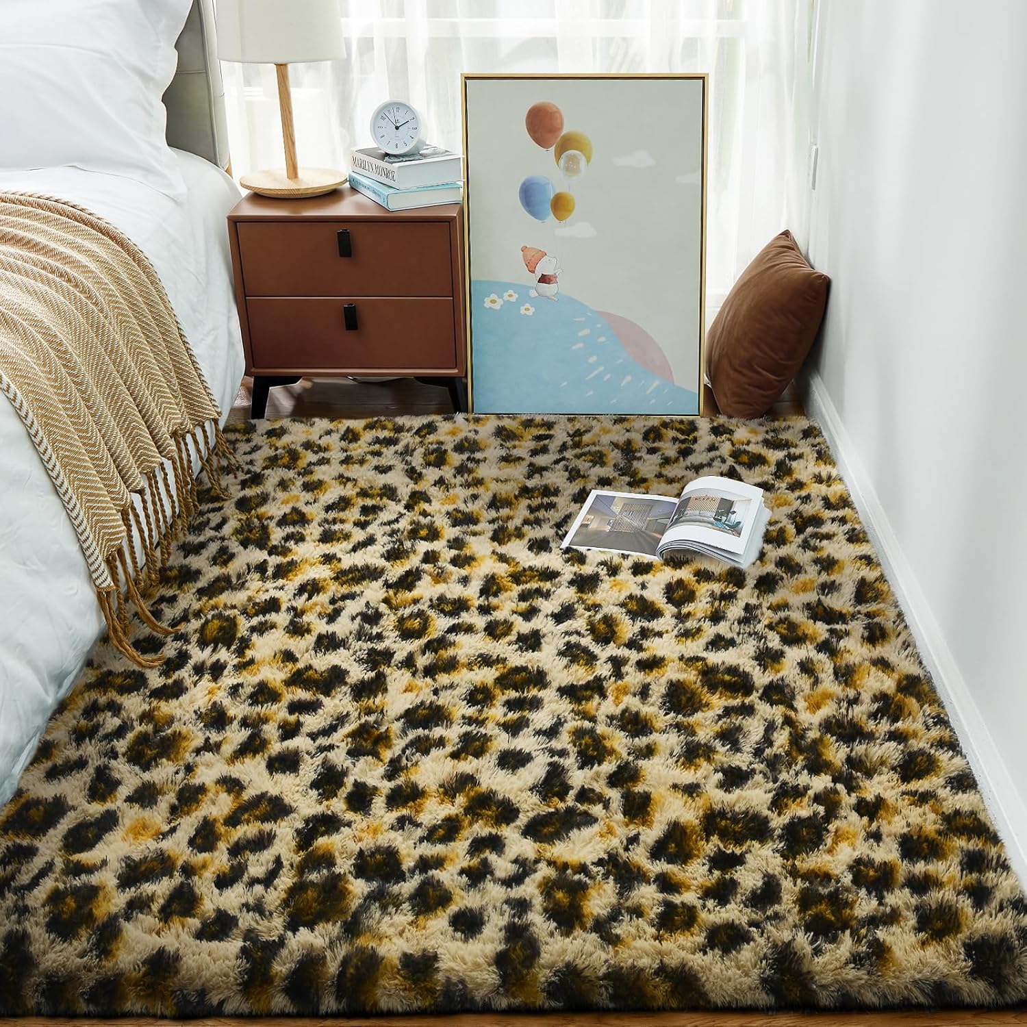 Ophanie Leopard Print 4x6 Area Rug - Fluffy Shag Soft Plush Carpet for Bedroom & Nursery Decor