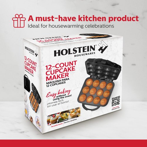 Holstein Housewares Non-Stick 12-Count Electric Cupcake Maker Machine – Bakes 12 Cupcakes, Muffins, Pizza Cups, Cinnamon Buns – Perfect for Gifts, Birthdays, Holidays, or Bake Sales, Black