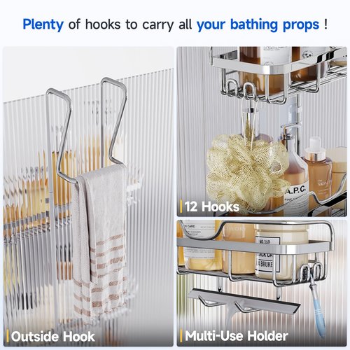 Skyapex Shower Caddy Over the Door Organizer: Bath Rack Hanging Over Glass with Hooks - Storage Shelf Inside Bathroom for Shampoo - Sliver