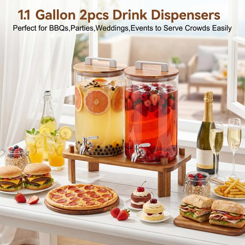 MerryNine 2PCS 1.1 Gallon Glass Drink Dispensers for Parties with Wood Stand, Punch Borosilicate Glass Beverage Dispenser, Leakproof Filter Stainless Spigot for Hot/Cold Lemonade Juice Tea Party Event