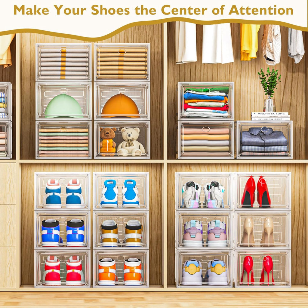 Skiennix Clear Shoe Storage Organizer - 12 Pack Stackable Plastic Boxes with Magnetic Doors | Space-Saving White Design