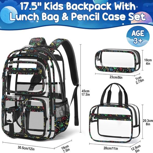 Fimibuke Clear Backpack - Heavy Duty PVC Transparent Design with Lunch Box & Pencil Case | School Approved for Boys