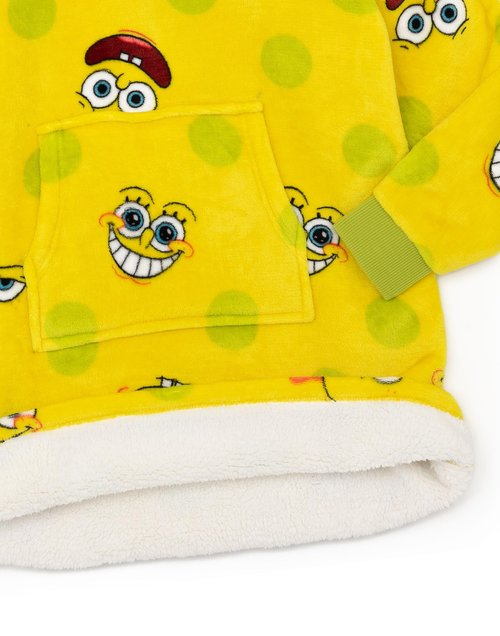 SPONGEBOB SQUAREPANTS Kids Wearable Hooded Blanket | Boys & Girls Yellow All Over Print Fleece Hoodie | Cozy Loungewear