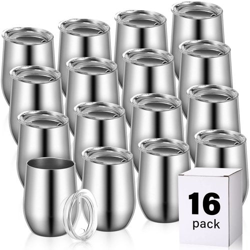 Remagr 16 Pack Stainless Steel Wine Tumblers 12 oz Insulated Vacuum Wine Cup Set Double Wall Stainless Steel Stemless Mug Glasses for Coffee Soda Whiskey Outdoor Travel (Silver)