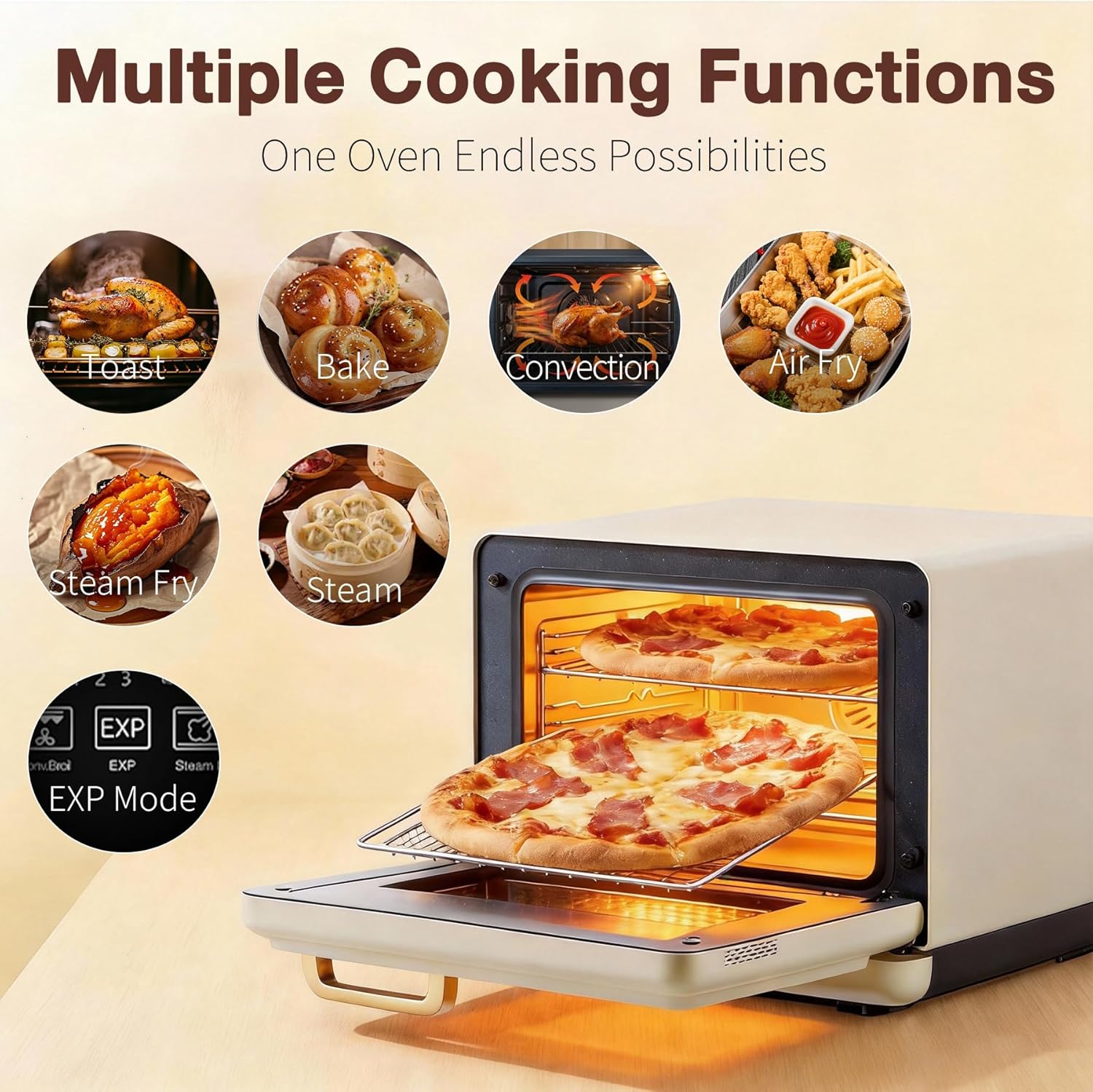 ROBAM Toaster Air Fryer Oven Combo - Large 1.2 Cu.Ft Convection Cooker with 32 Preset Recipes | Smart Touch Temp Control (White)