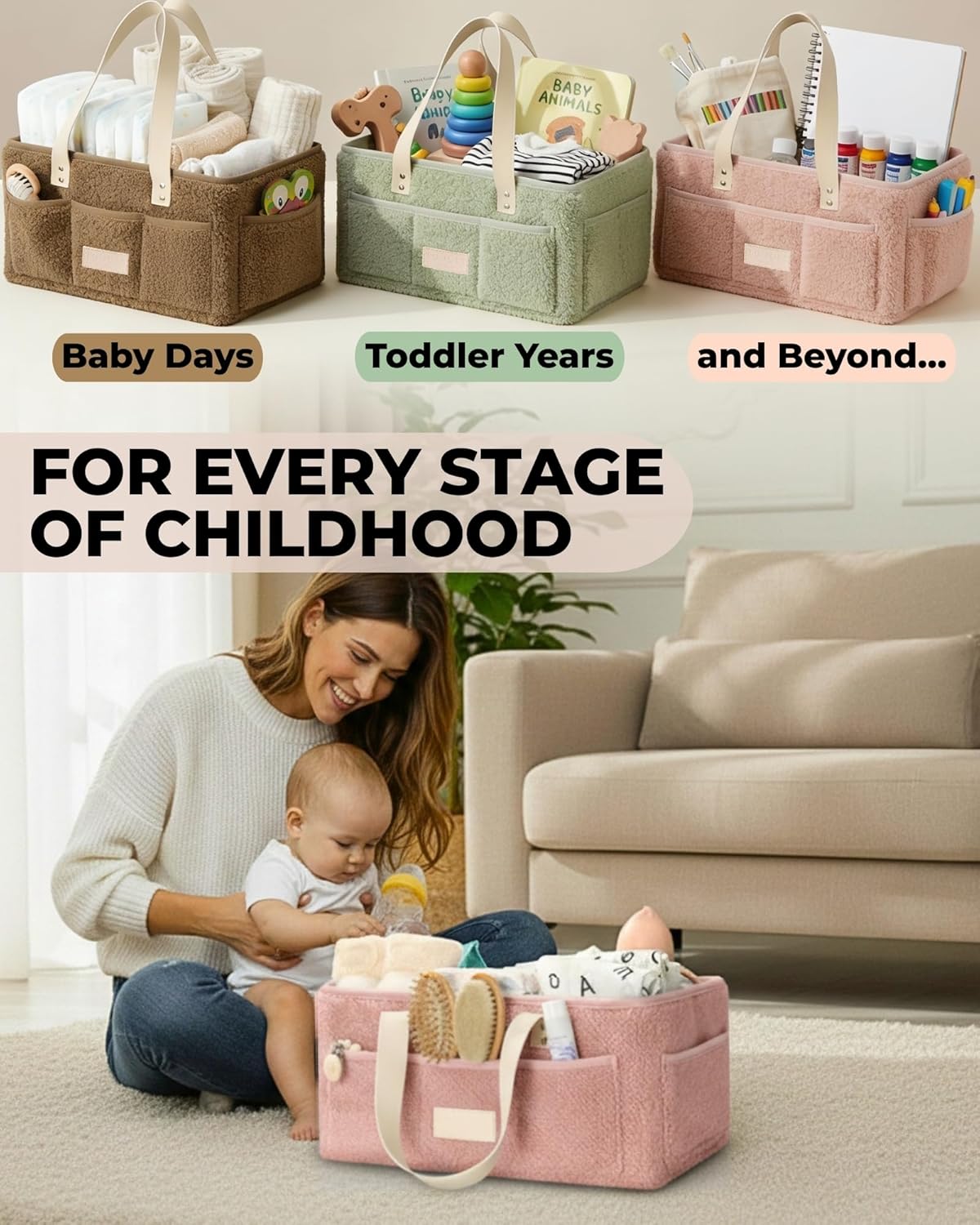 Skiennix Baby Diaper Caddy Organizer - Portable Changing Mat & Removable Dividers - Teddy Fleece Design