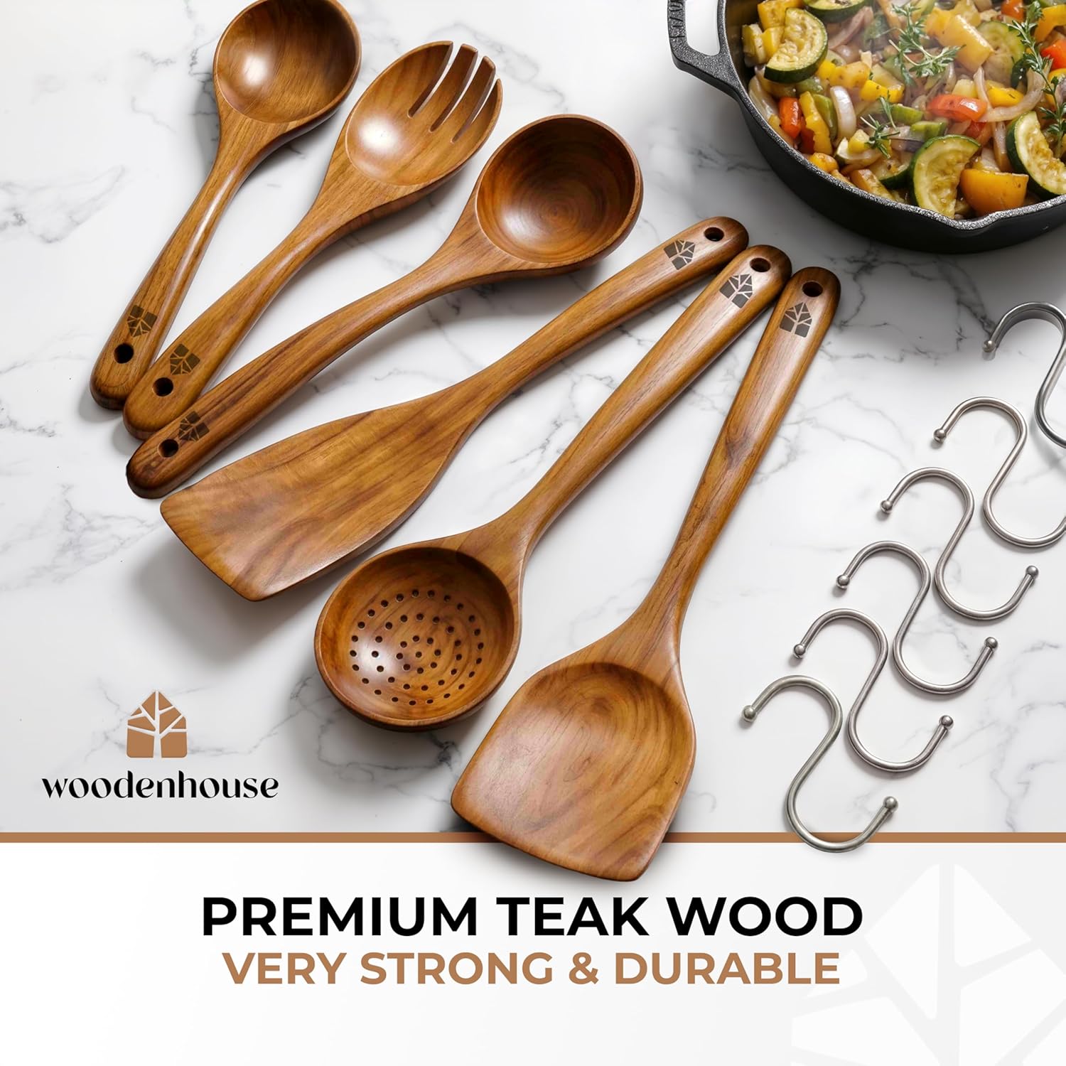 Skiennix Wooden Spoons for Cooking - 6-Piece Premium Teak Utensil Set | Durable, Nonstick, Easy to Clean