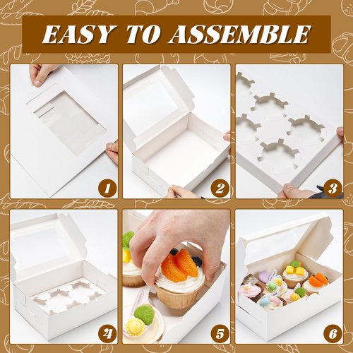 NPLUX 6 Pack Cupcake Boxes with Inserts 6 Holders, White Standard Bakery Boxes with Window Food Grade Cupcake Containers 6 Count for Muffins