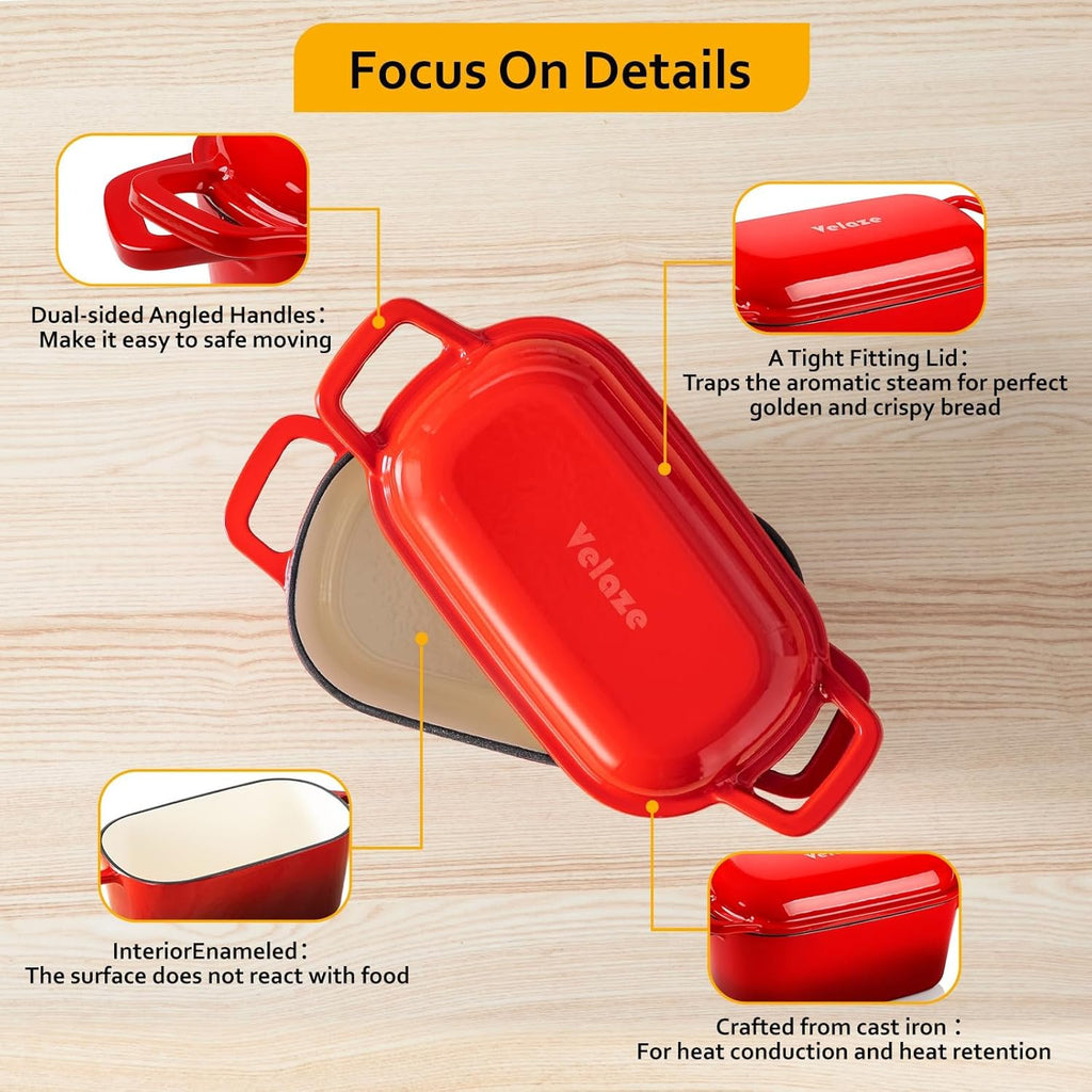 Velaze 3.6QT Dutch Oven - Enameled Cast Iron Bread Baking Pan with Lid & Offset Handles | Oven Safe to 500°F (Red)