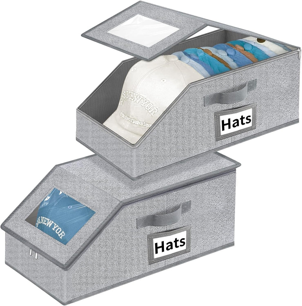 Aokeyee Hat Organizer - 2PCS Stackable Storage with Clear Window Lid | Space-Saving Grey Hat Box