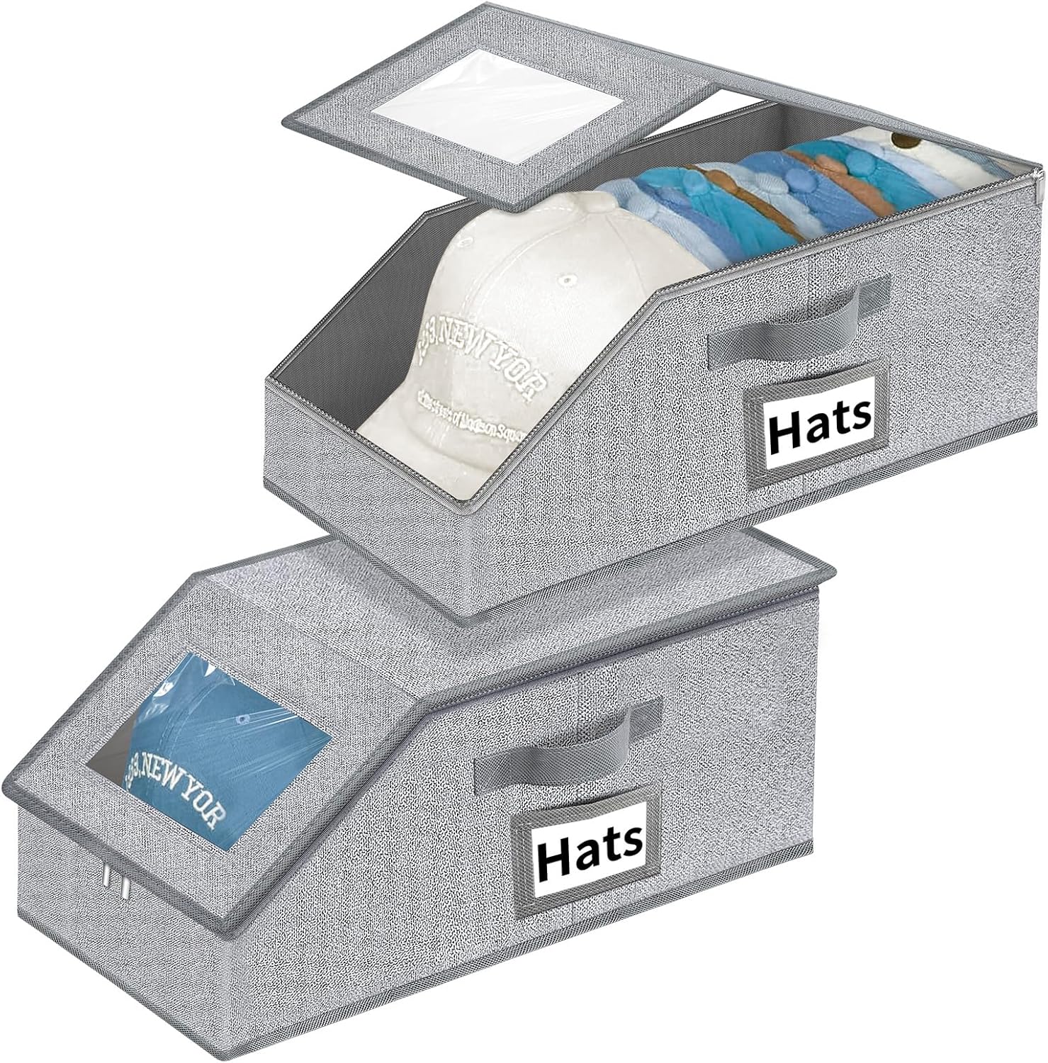 Aokeyee Hat Organizer - 2PCS Stackable Storage with Clear Window Lid | Space-Saving Grey Hat Box