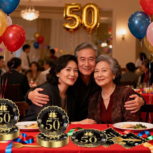 60 Pcs 50th Birthday Decorations Black gold Paper Plates and Napkins Forks Party Tableware for Men Women Birthday Party Decorations,Serve 20