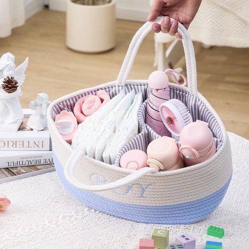 DUHEL Diaper Caddy Organizer with Handle,Baby Basket use for Diaper Organizer and Storage,Baby Boys Newborn Essentials,3 Compartments-Cotton rope Material Storage for Home or Travel.(White＆Blue)