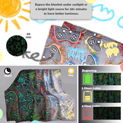 Glow in The Dark Gaming Blanket 60"x80" Gamer Controller Throw Blanket, Valentines Day Gift Gaming Gifts Toys for Kids Teen Son Boys, Soft Gaming Blanket Gamepad Presents Game Decor Blankets
