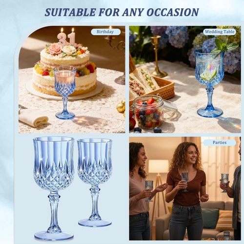 HTTBEIZI 7OZ Plastic Wine Glasses, Disposable Goblets Drinking Glasses Crystal Vintage Water Cups Unbreakable Champagne for Valentine’s Day, Wedding, Parties (48, Blue)