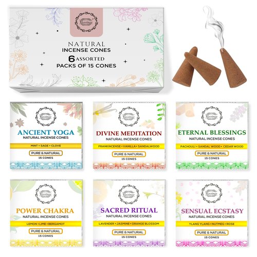 Raajsee Natural Incense Cones,6 Pack Mixed Scents Gift Pack 15 pc Each (90 Total), Insense Cones Variety Pack, 100% Organic Non Toxic Natural - Hand Rolled Free from Chemicals (Pack 3)