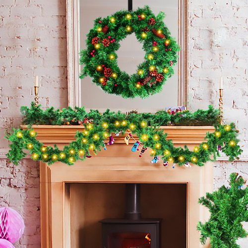 10FT Pre-lit Christmas Garland with 50 LED Lights, Battery Operated with Timer, Lush Artificial Xmas Greenery for Indoor & Outdoor Holiday Decoration, Green