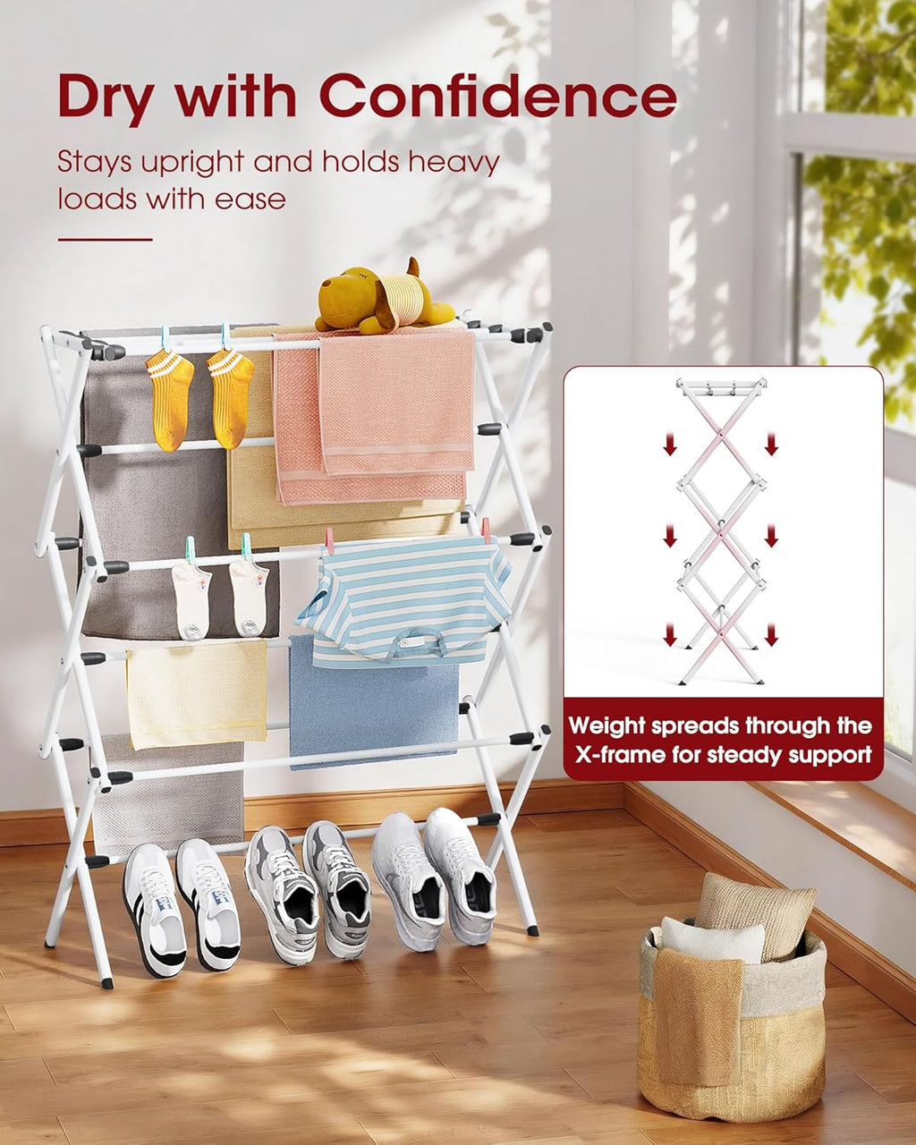 Sakugi Foldable Clothes Drying Rack - 3-Tier Metal Laundry Organizer with Non-Slip Feet | Indoor & Outdoor Use, 11.4"D x 29.1"W x 37.4"H, White & Black