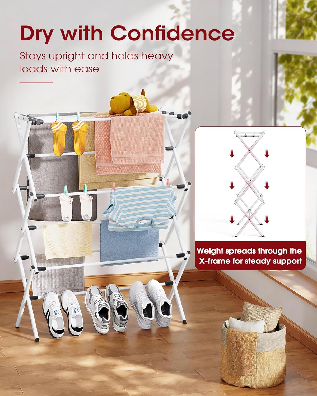 Sakugi Foldable Clothes Drying Rack - 3-Tier Metal Laundry Organizer with Non-Slip Feet | Indoor & Outdoor Use, 11.4"D x 29.1"W x 37.4"H, White & Black