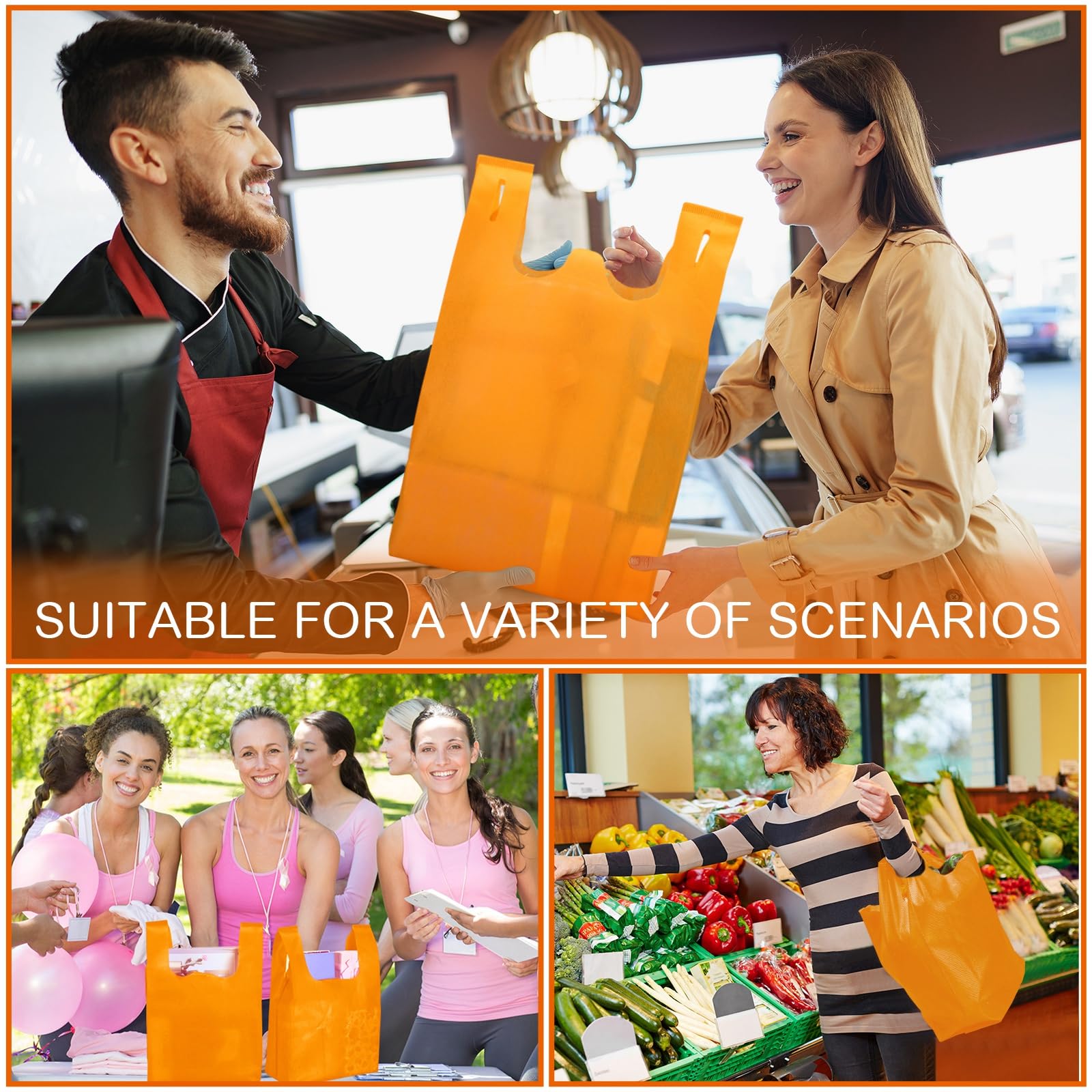 Windyun Large Grocery T-shirt Bags Bulk Reusable Non Woven Shopping Bag Foldable Gift Tote with Handle, 21x11x6 Inch(200 Pcs,Orange)