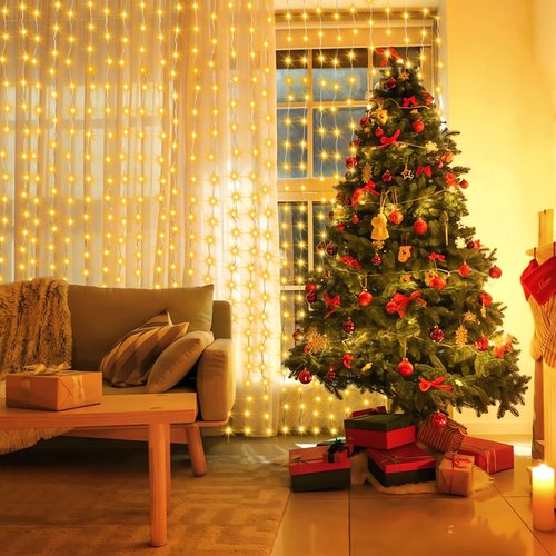 echosari 300 LED Curtain Lights, 9.8Ft x 9.8Ft USB Plug in Christmas Fairy Curtain Lights with Remote, Hanging String Light for Bedroom Backdrop Window Wall Wedding Decor, Warm White