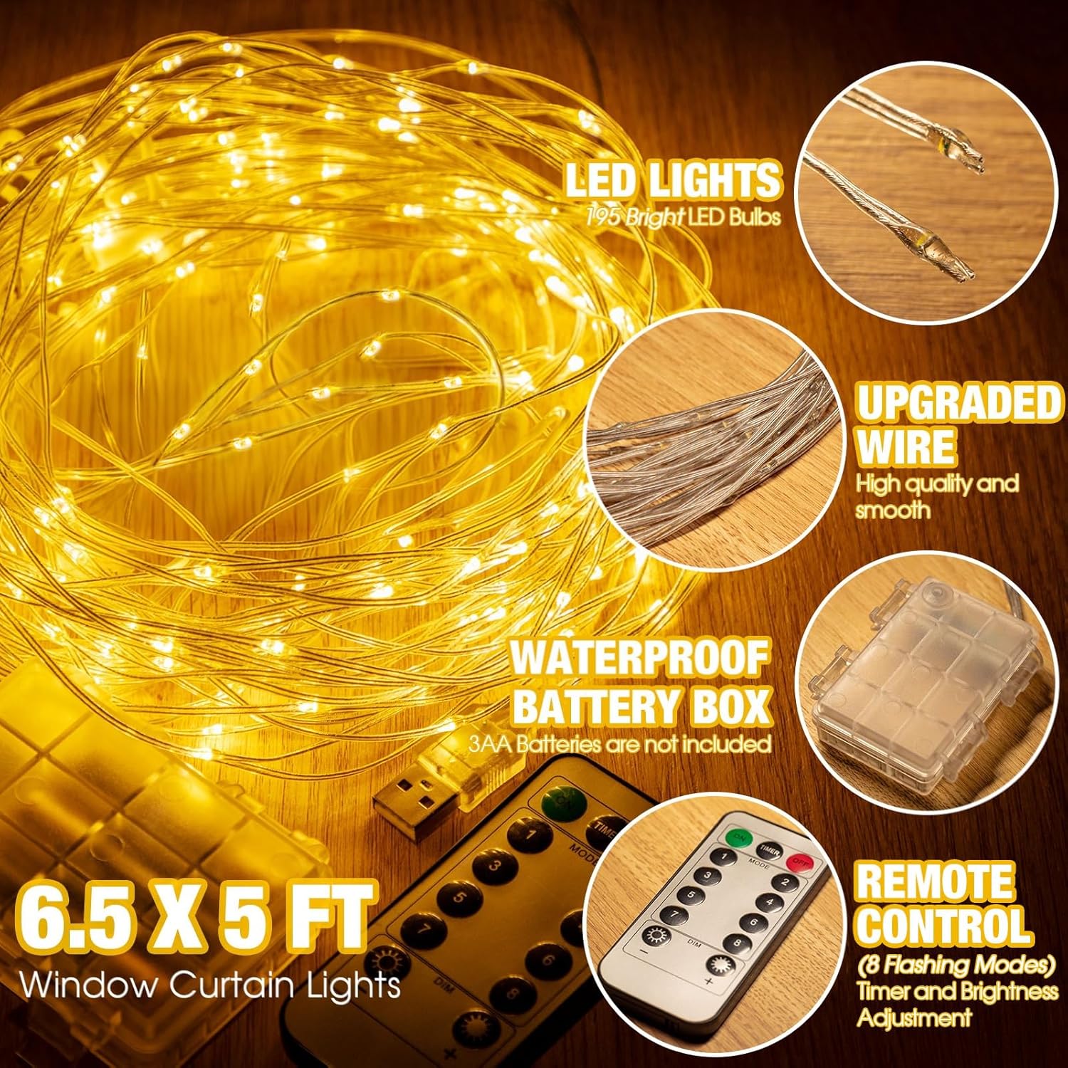 Skiennix 195 LED Curtain String Lights - 6.5 x 5 Ft Battery Operated with 8 Dimmable Modes | Copper Fairy Lights for Christmas & Wedding Decor