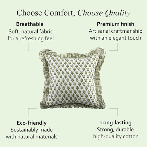 CPC Block Print Ruffle Throw Pillow Covers - Emerald Green 20"x20" | 100% Cotton Boho Decor for Living Room & Bedroom