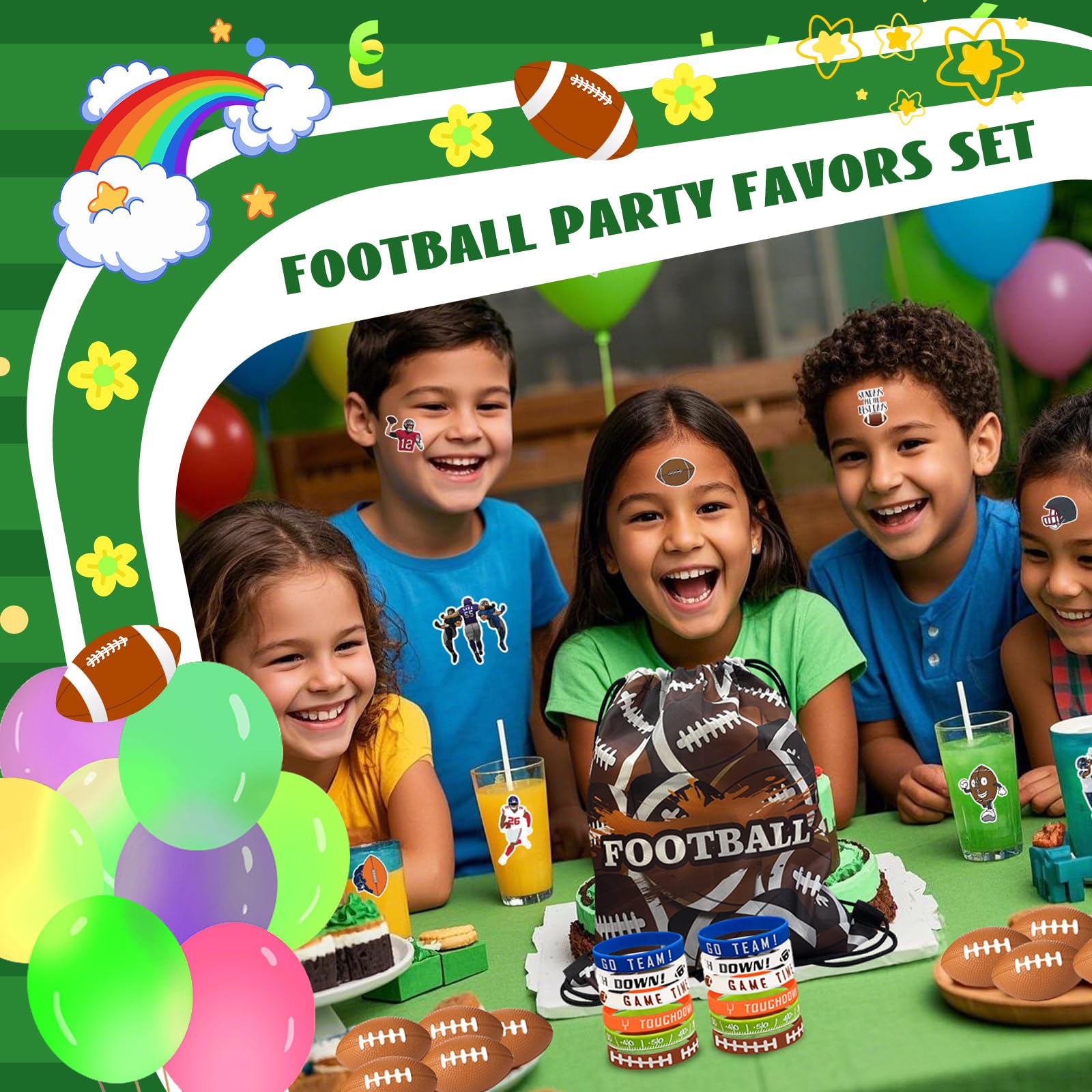 Yeepestmi 110Pcs Football Party Favors Drawstring Bags Football Goodie Bag with Mini Ball, Wristband, Slap bracelets, Keychains, Stickers for Football Party Supplies