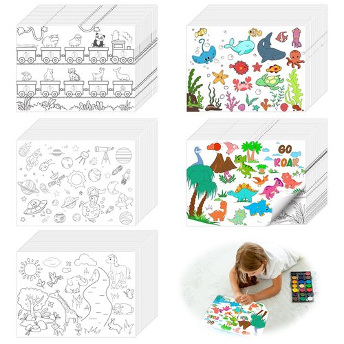 500 Pcs Coloring Activity Placemats 5 Themed Coloring Activity Sheets Paper Mat Bulk 14.2"x10.2" Disposable Dining Table Paper Placemat for Kids DIY （Animals,Sea,Planets,Dinosaurs,Train&Animals）